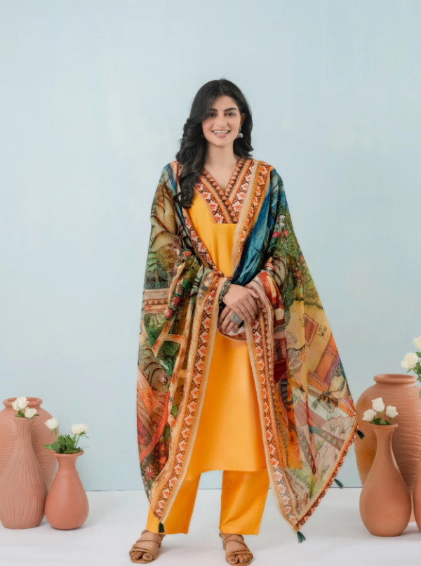 Relaxed Fit Digital Printed Three-Piece Lawn with Chiffon Dupatta